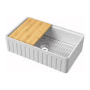 Nuie 795 x 460mm Fireclay Single Bowl Fluted Butler Sink With Ledge, Wire Grid And Bamboo Chopping Board – White