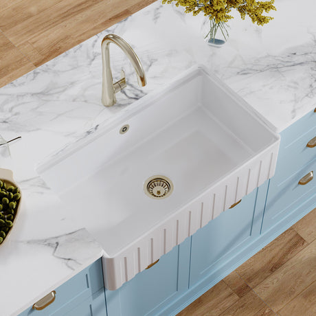 Nuie 795 x 460mm Fireclay Single Bowl Fluted Butler Sink With Ledge – White, photo 4