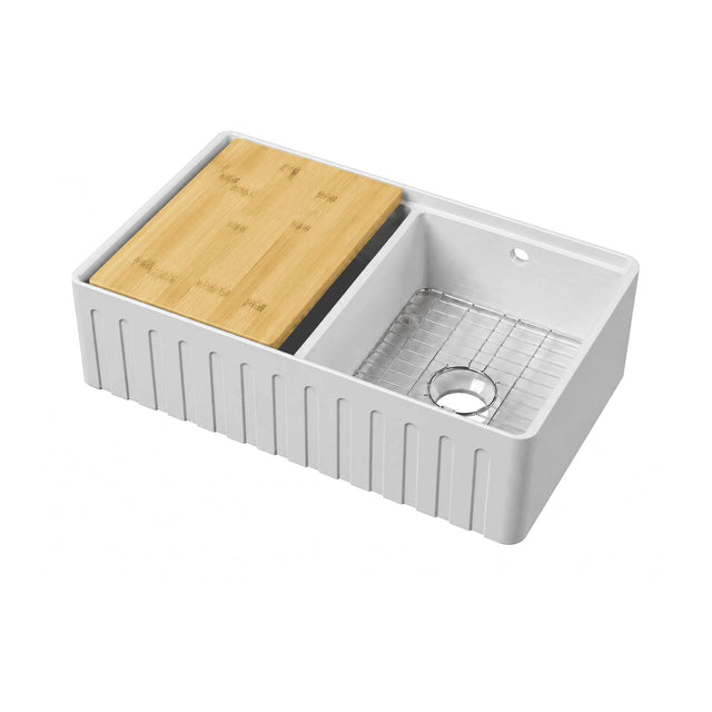 Nuie 795 x 460mm Fireclay Double Bowl Fluted Butler Sink With Ledge, Wire Grid And Bamboo Chopping Board – White