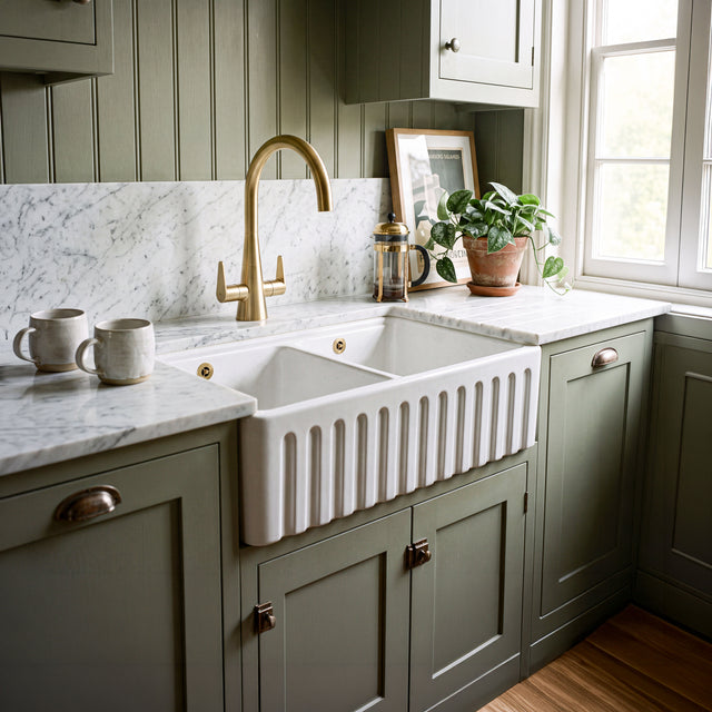 Nuie 795 x 460mm Fireclay Double Bowl Fluted Butler Sink With Ledge – White