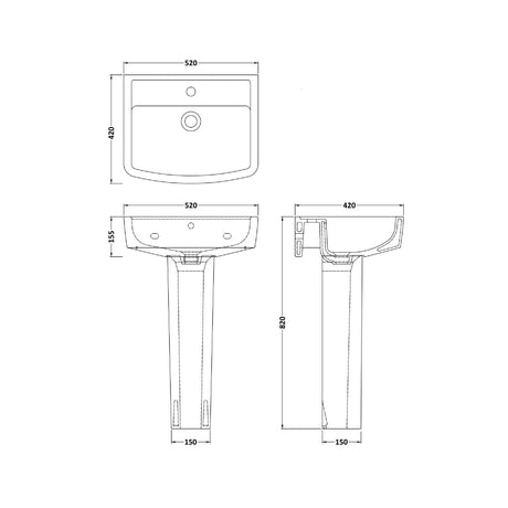 Nuie Bliss 1 Tap Hole Ceramic Basin & Pedestal – 520mm & 600mm, photo 3