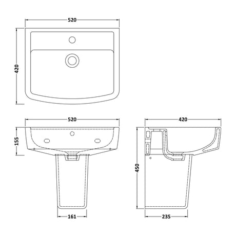 Nuie Bliss 520mm 1 Tap Hole Ceramic Basin & Semi Pedestal – White, photo 3