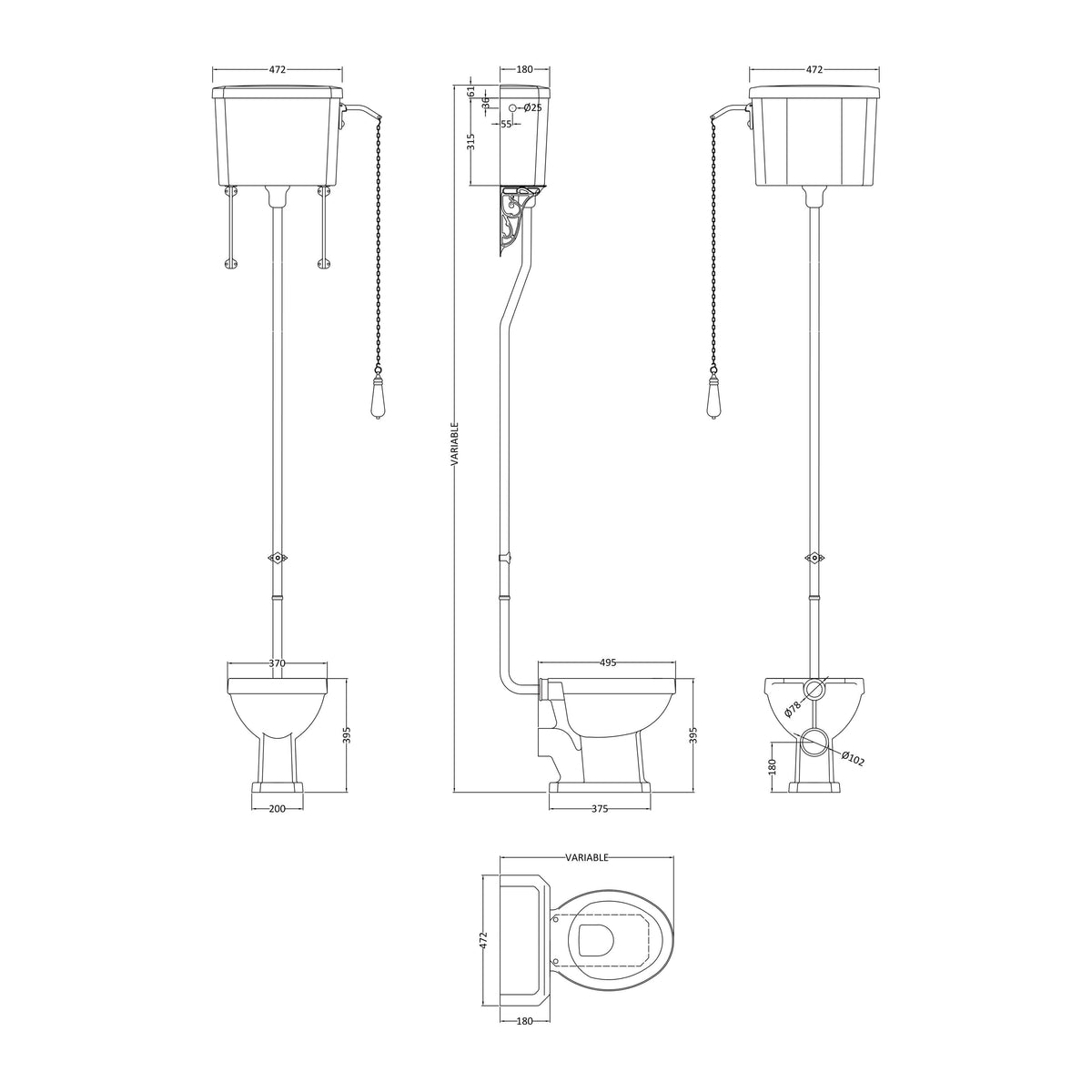 Nuie Carlton Traditional High Level Pan, Cistern & Flush Pipe Kit – White, photo 3