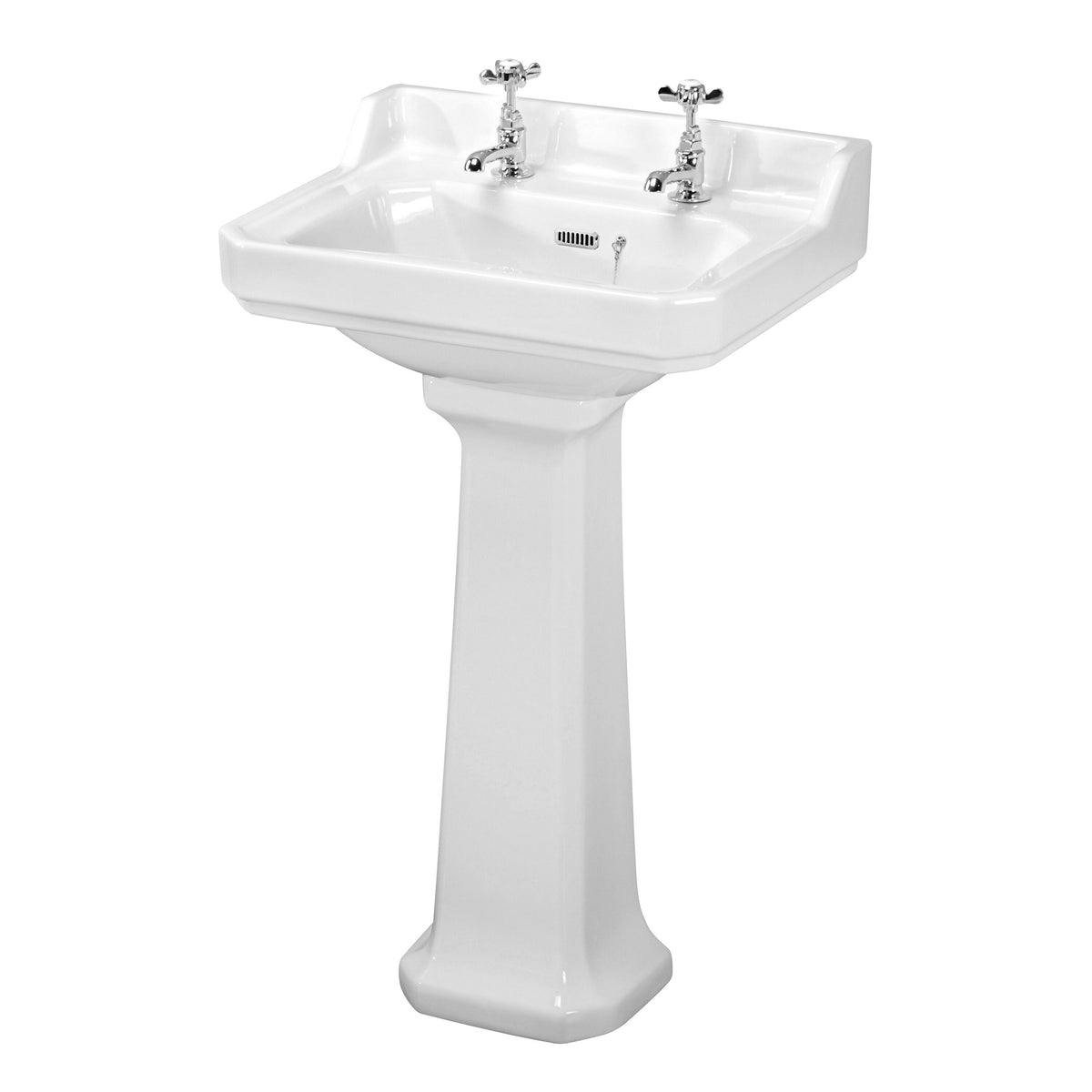 Nuie Carlton 560mm 2 Tap Hole Ceramic Basin & Pedestal – White, photo 2