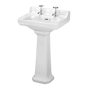 Nuie Carlton 560mm 2 Tap Hole Ceramic Basin & Pedestal – White, photo 2