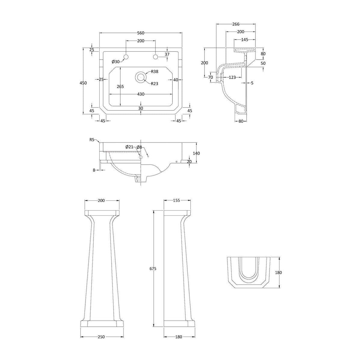 Nuie Carlton 560mm 2 Tap Hole Ceramic Basin & Pedestal – White, photo 3