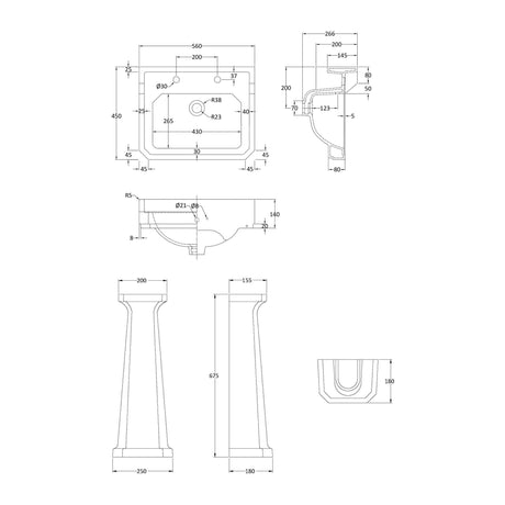 Nuie Carlton 560mm 2 Tap Hole Ceramic Basin & Pedestal – White, photo 3