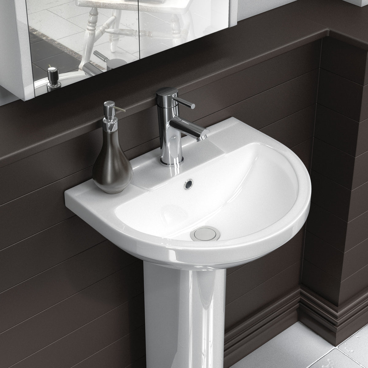 Nuie Harmony 500mm 1 Tap Hole Ceramic Basin & Pedestal – White, photo 4