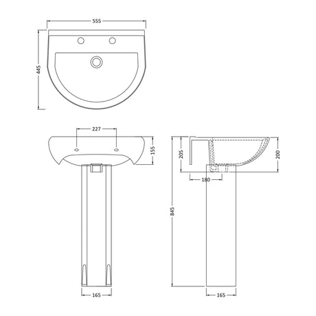 Nuie Ivo 550mm 2 Tap Hole Ceramic Basin & Pedestal – White, photo 2