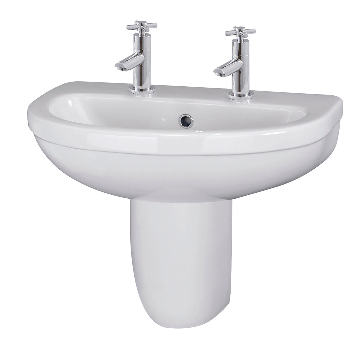 Nuie Ivo 550mm 2 Tap Hole Ceramic Basin & Semi Pedestal – White, photo 2
