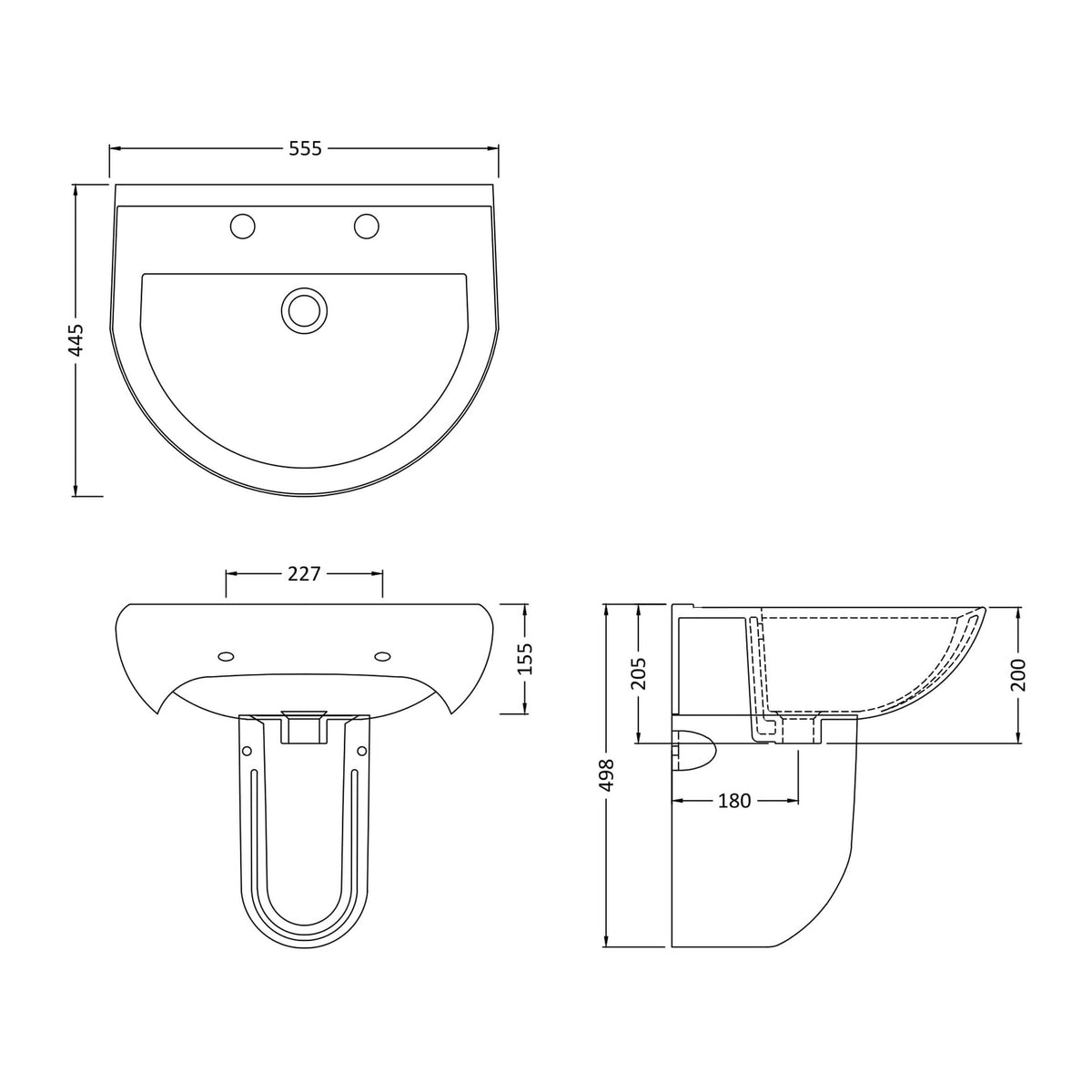 Nuie Ivo 550mm 2 Tap Hole Ceramic Basin & Semi Pedestal – White, photo 3