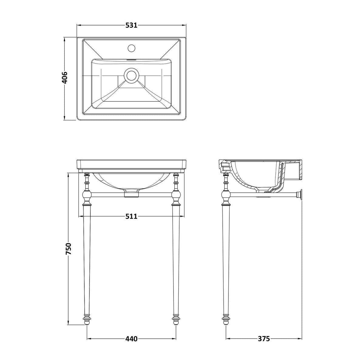 Nuie Carlton 530mm 1 Tap Hole Traditional Ceramic Basin With Stand – White, photo 2