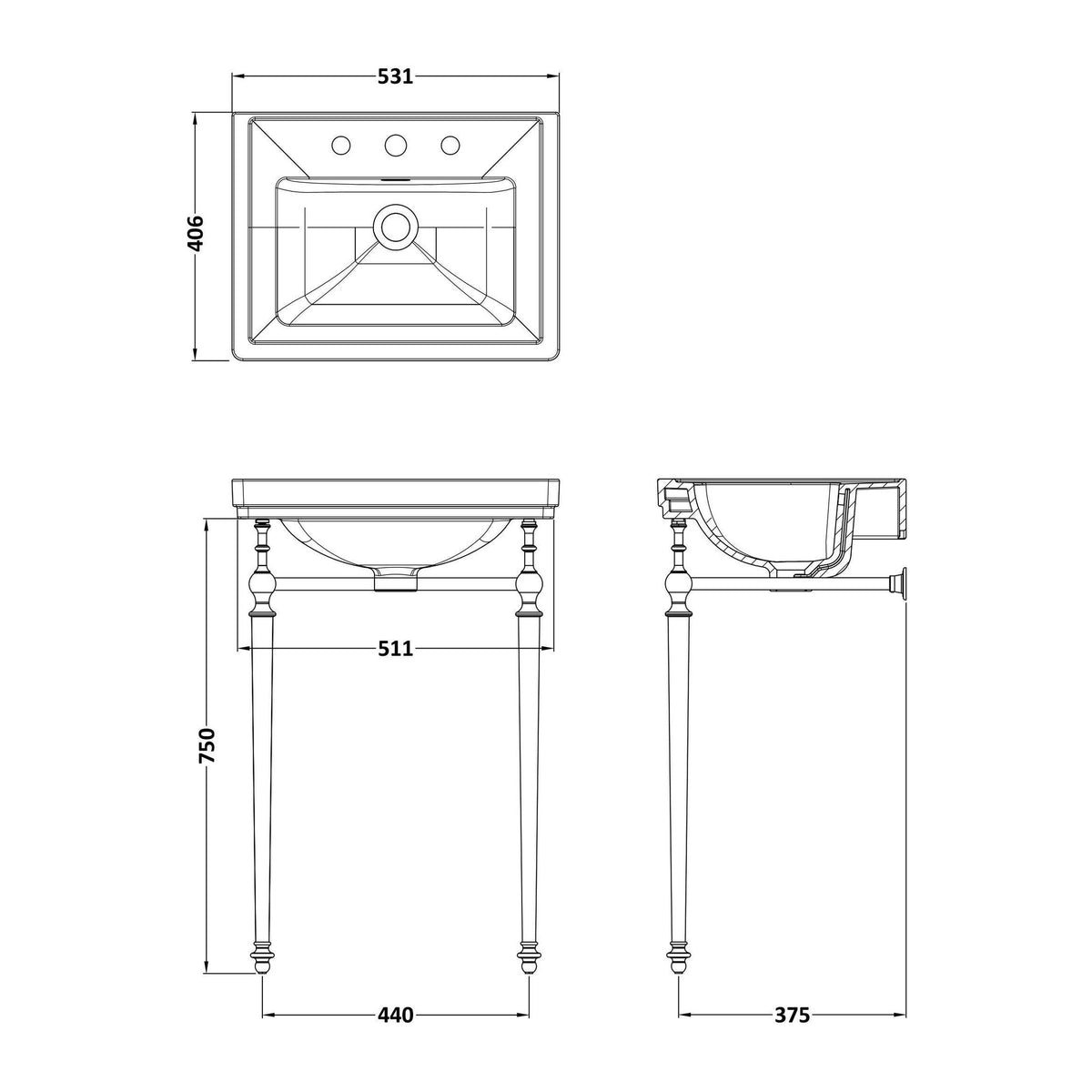 Nuie Carlton 530mm 3 Tap Hole Traditional Ceramic Basin With Stand – White, photo 3