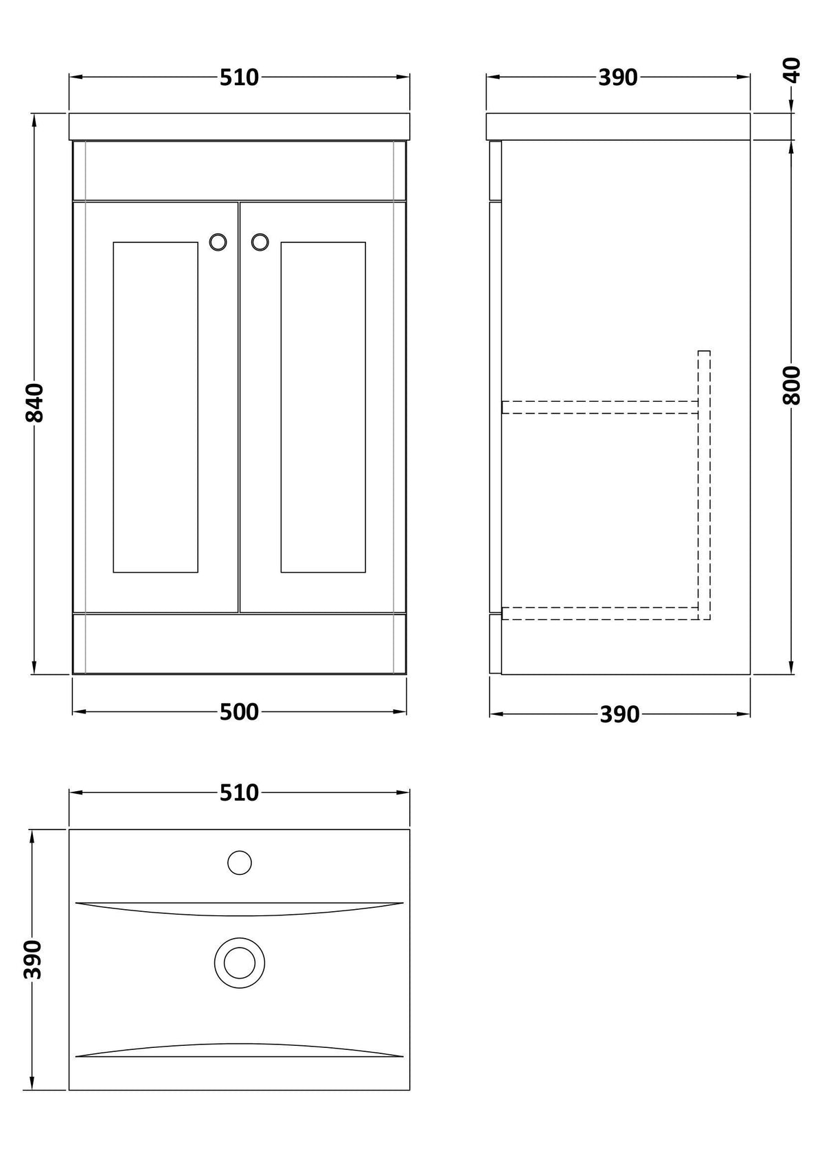 Nuie Classique 2 Door Floor Standing Vanity Unit With Basin – 500mm, 600mm & 800mm, photo 19