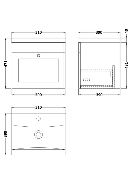 Nuie Classique 1 Drawer Wall Hung Vanity Unit With Basin – 500mm, 600mm & 800mm, photo 19