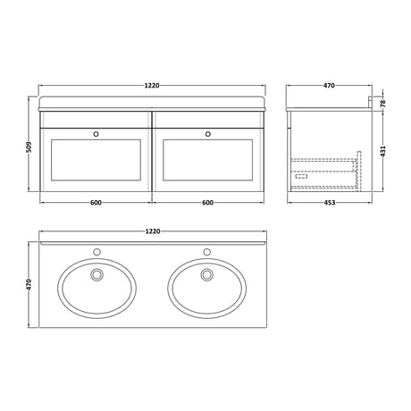 Nuie Classique 1200mm 2 Drawer Wall Hung Twin Vanity Unit With Basin, photo 9