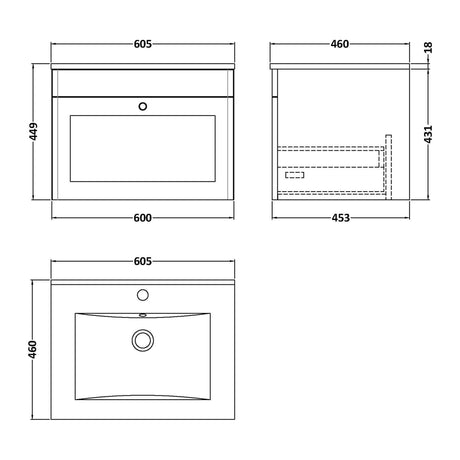 Nuie Classique 1 Drawer Wall Hung Vanity Unit With Basin – 500mm, 600mm & 800mm, photo 20