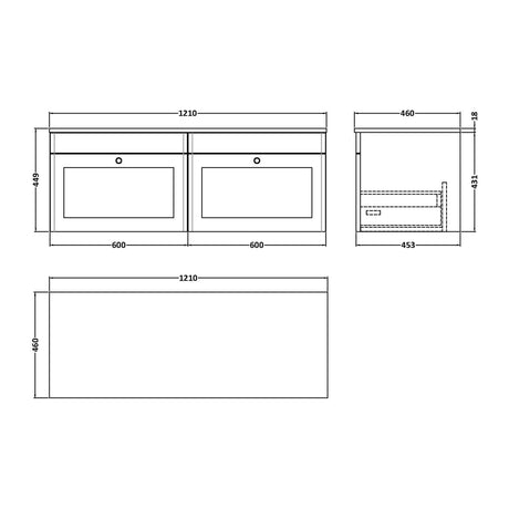 Nuie Classique 1200mm 2 Drawer Wall Hung Vanity Unit With Worktop, photo 8