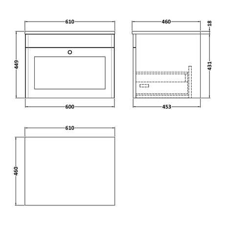 Nuie Classique 1 Drawer Wall Hung Vanity Unit With Worktop – 600mm & 800mm, photo 8