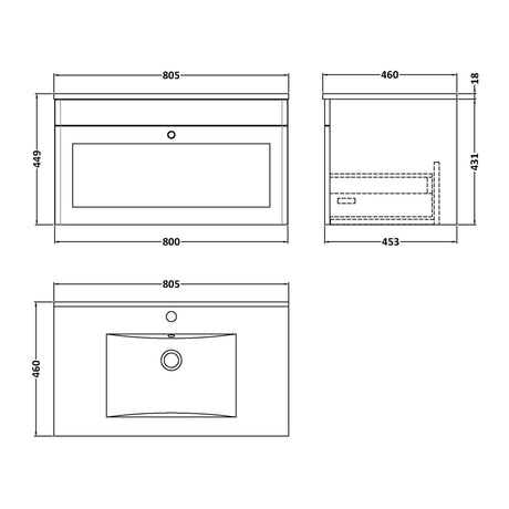Nuie Classique 1 Drawer Wall Hung Vanity Unit With Basin – 500mm, 600mm & 800mm, photo 21