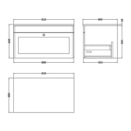 Nuie Classique 1 Drawer Wall Hung Vanity Unit With Worktop – 600mm & 800mm, photo 9