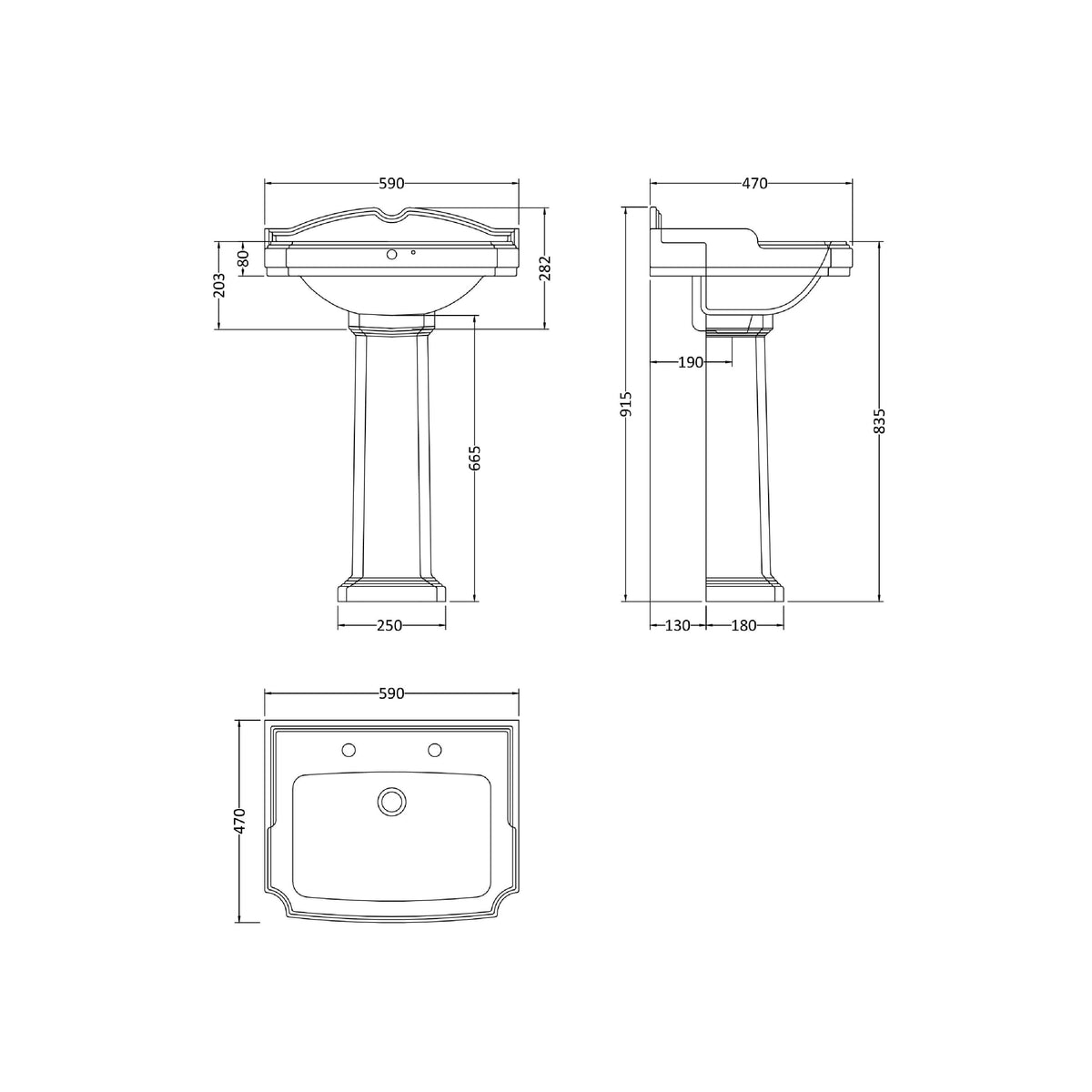 Nuie Legend 590mm 2 Tap Hole Ceramic Basin & Pedestal – White, photo 3