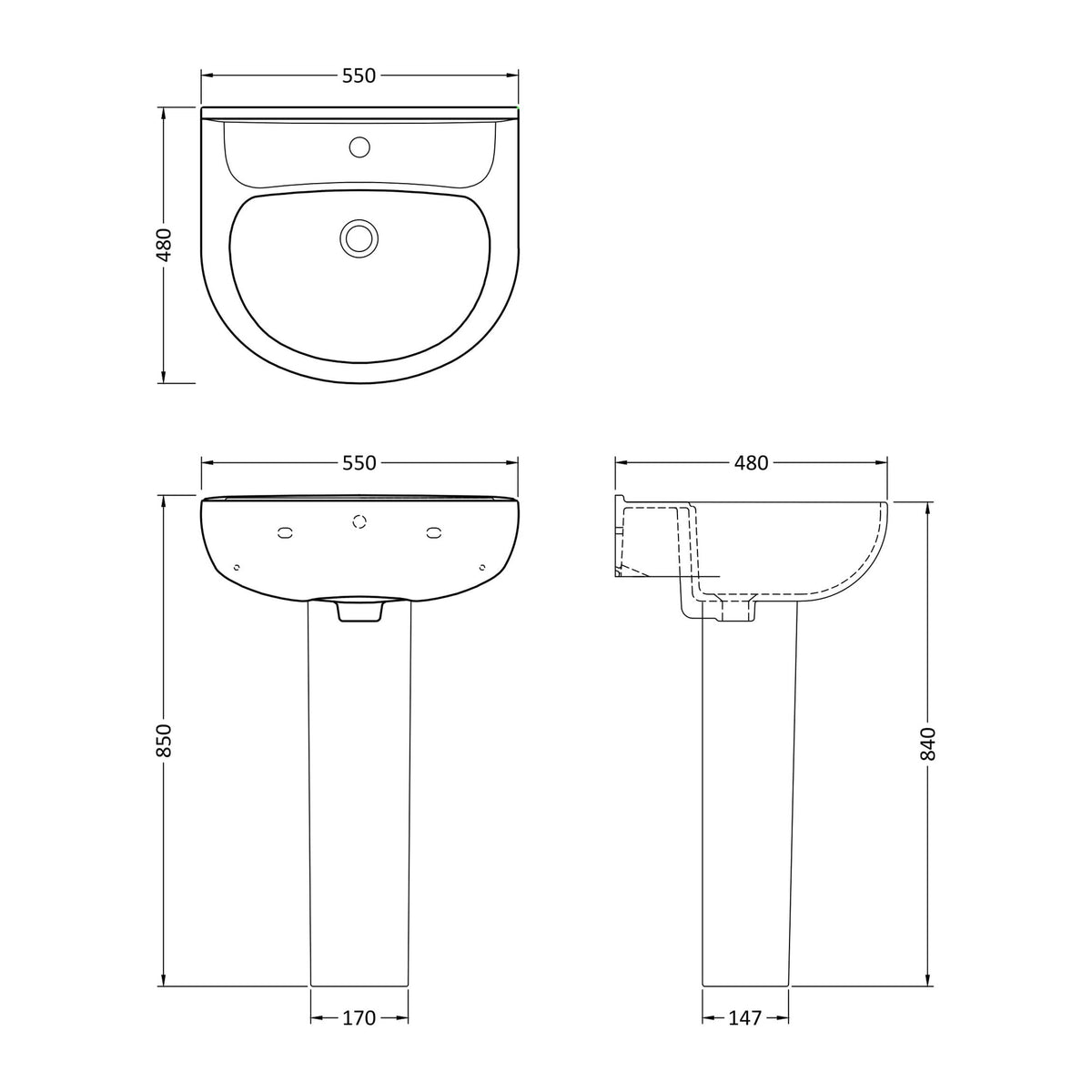Nuie Lawton 550mm 1 Tap Hole Ceramic Basin & Pedestal – White, photo 3