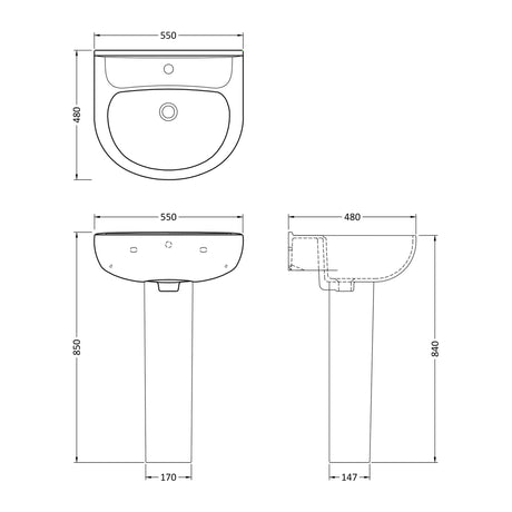 Nuie Lawton 550mm 1 Tap Hole Ceramic Basin & Pedestal – White, photo 3