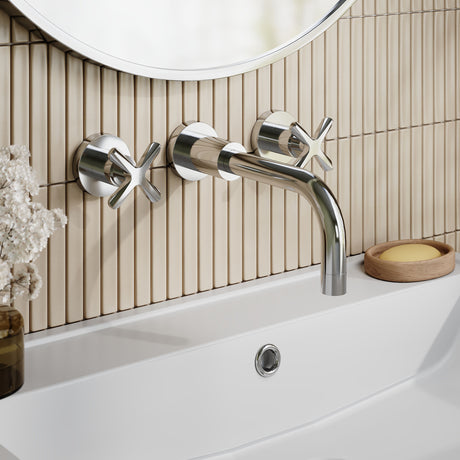 Nuie Aztec 3 Tap Hole Wall Mounted Basin Mixer – Chrome or Brushed Brass