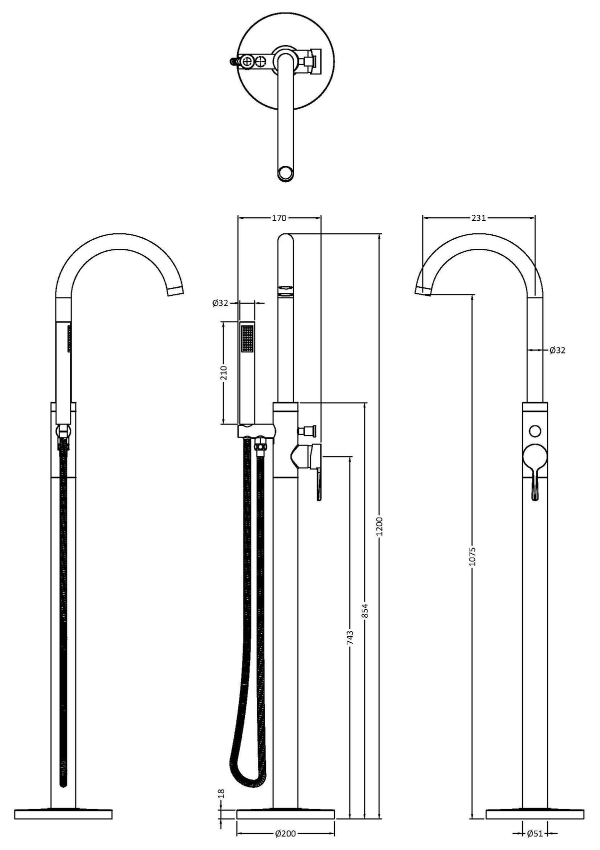 Nuie Aztec Floorstanding Bath Shower Mixer – Chrome, Matt Black or Brushed Brass, photo 5