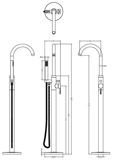 Nuie Aztec Floorstanding Bath Shower Mixer – Chrome, Matt Black or Brushed Brass, photo 5