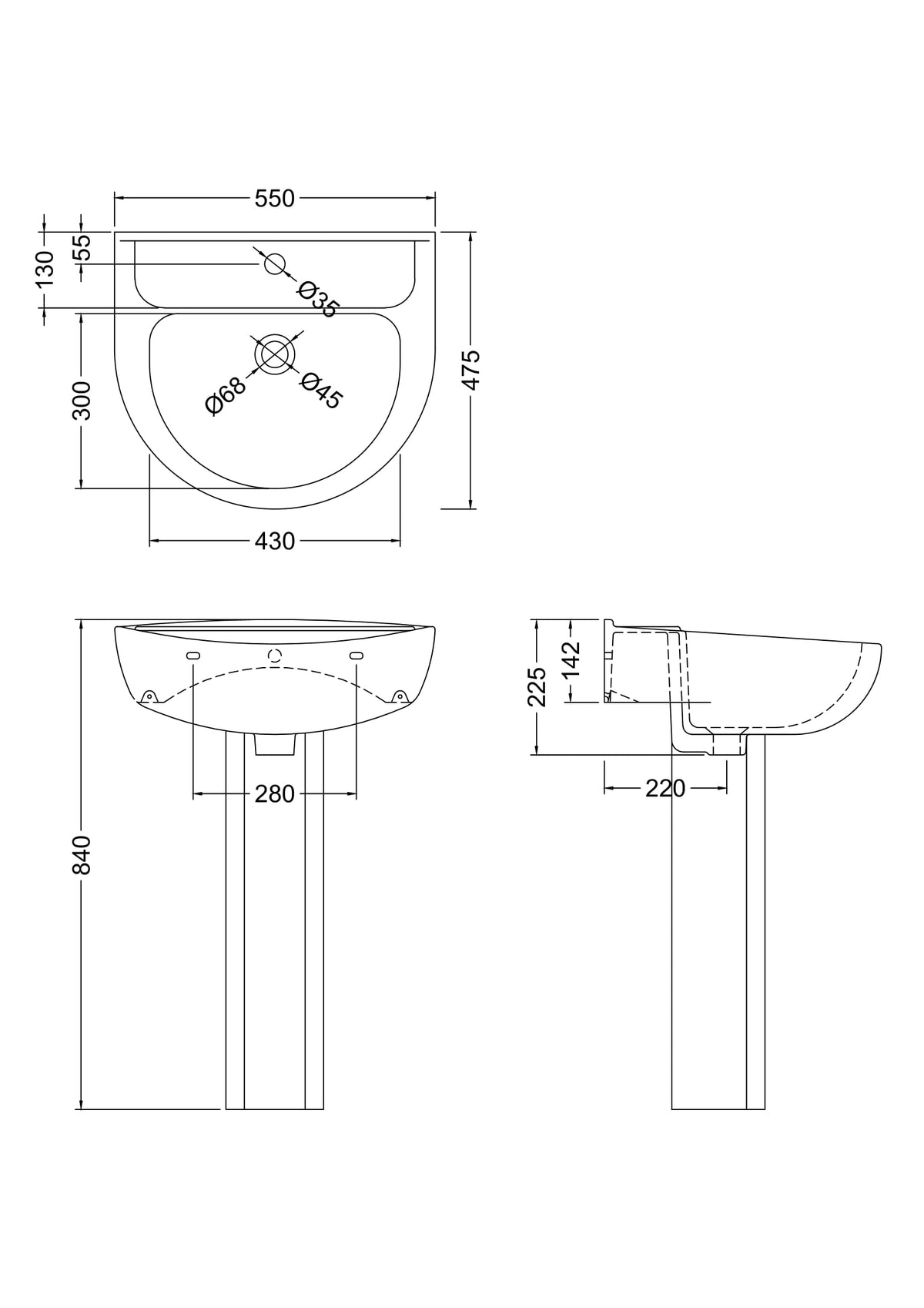 Nuie Melbourne 550mm 1 Tap Hole Ceramic Basin & Pedestal – White, photo 3