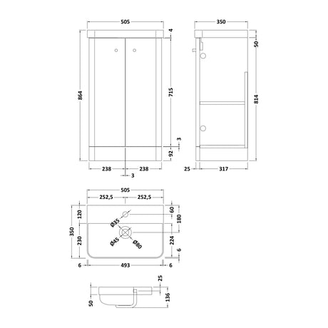 Nuie Core 2 Door Floor Standing Vanity Unit With Basin – 500mm & 600mm, photo 6
