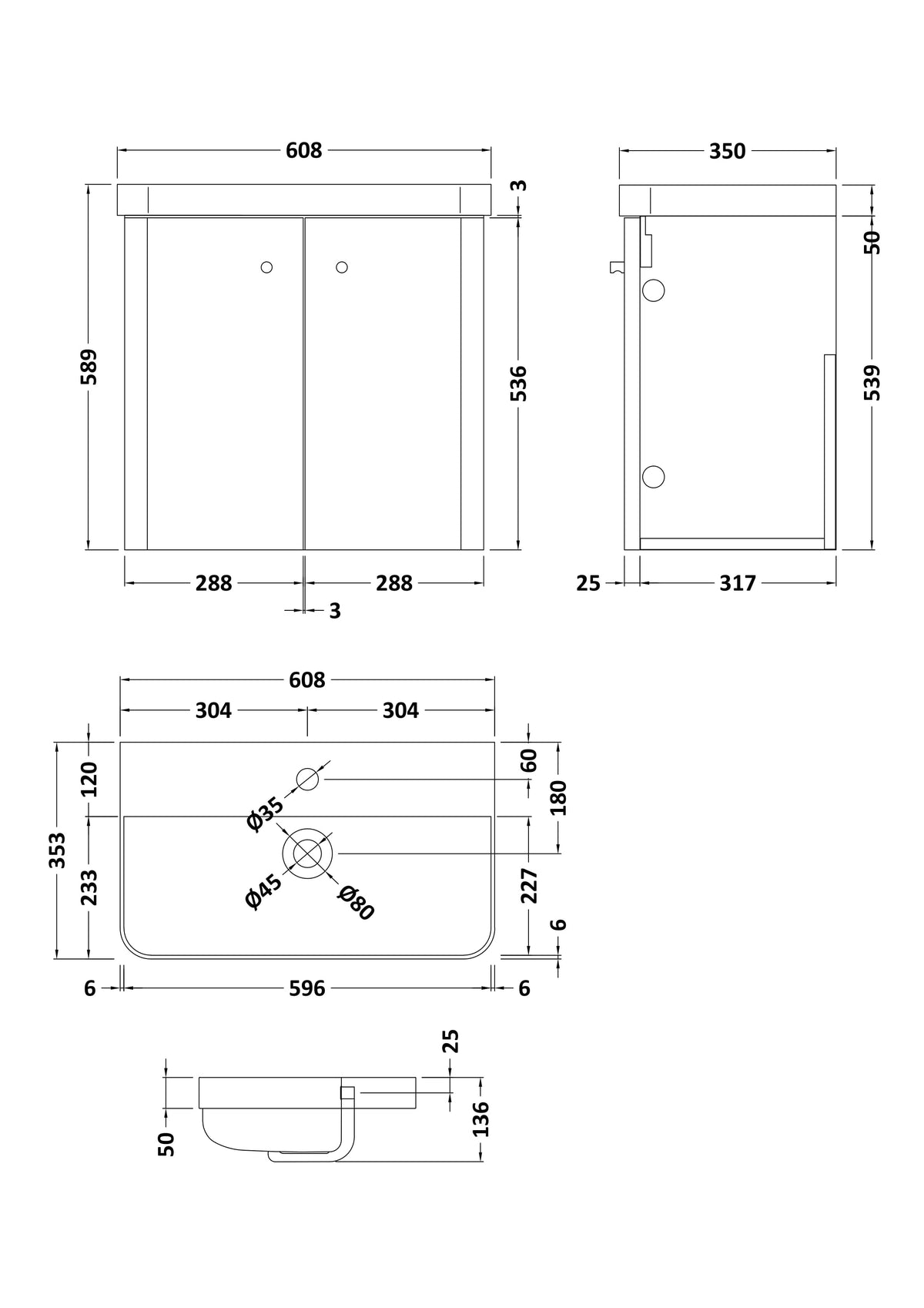 Nuie Core 2 Door Wall Hung Vanity Unit With Basin – 500mm & 600mm, photo 7