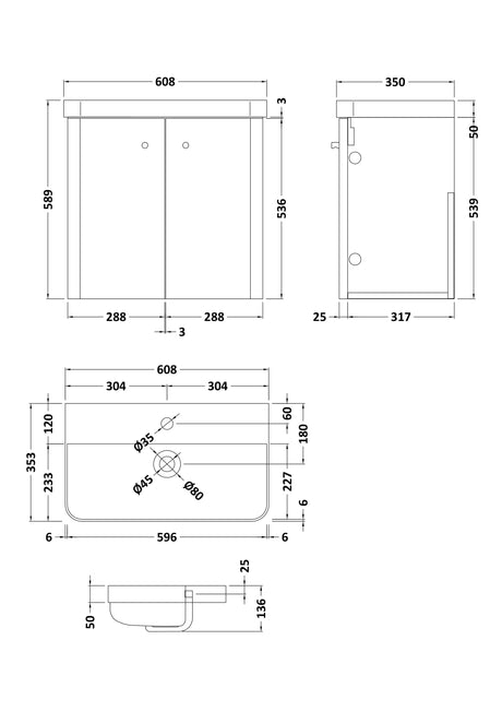 Nuie Core 2 Door Wall Hung Vanity Unit With Basin – 500mm & 600mm, photo 7