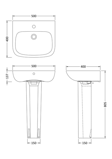 Nuie Ambrose 1 Tap Hole Ceramic Basin & Pedestal – 450mm & 500mm, photo 4