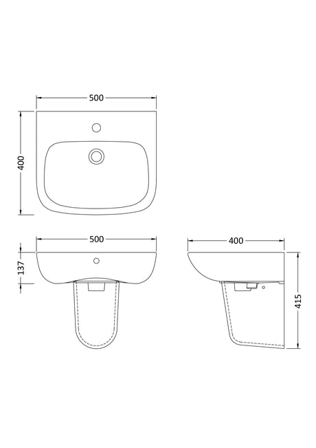 Nuie Ambrose 1 Tap Hole Ceramic Basin & Semi Pedestal – 450mm & 500mm, photo 4