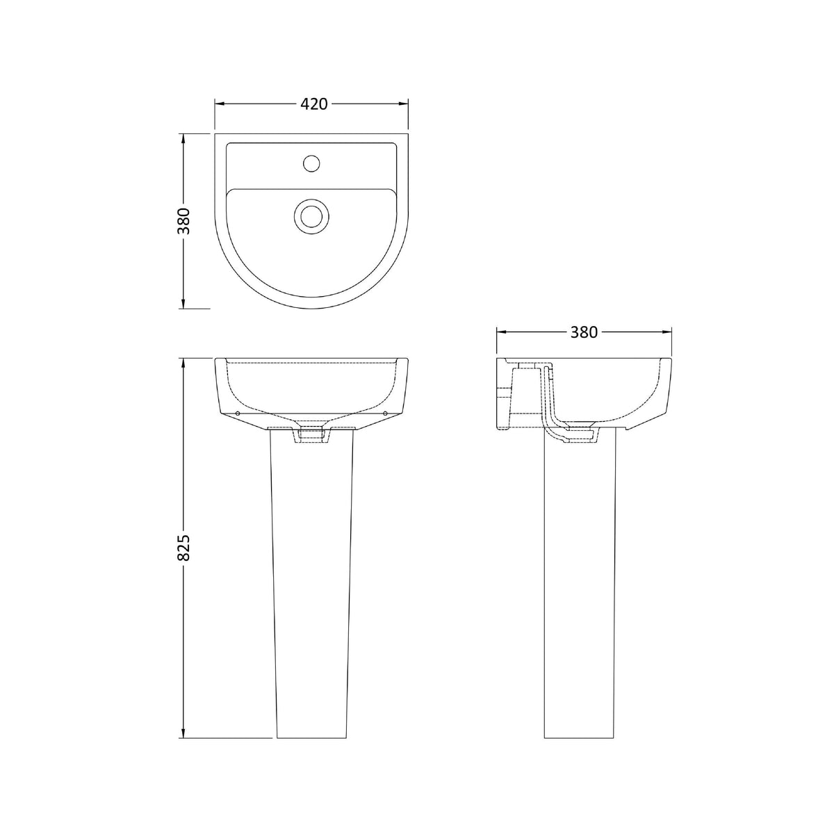 Nuie Provost 1 Tap Hole Ceramic Basin & Pedestal – 420mm & 520mm, photo 3