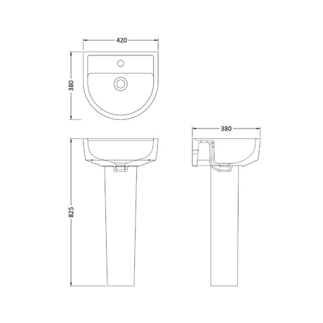 Nuie Provost 1 Tap Hole Ceramic Basin & Pedestal – 420mm & 520mm, photo 3