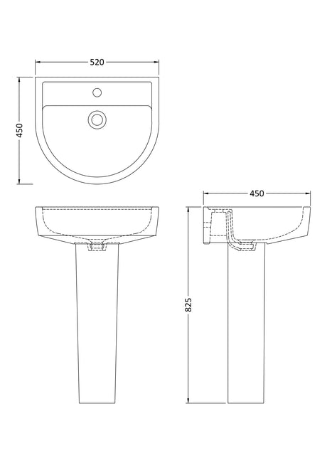 Nuie Provost 1 Tap Hole Ceramic Basin & Pedestal – 420mm & 520mm, photo 4