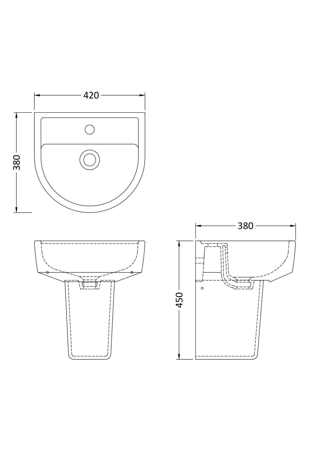 Nuie Provost 1 Tap Hole Ceramic Basin & Semi Pedestal – 420mm & 520mm, photo 2