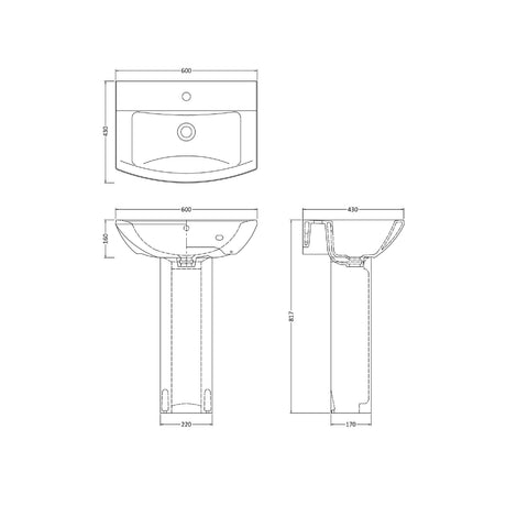 Nuie Asselby 600mm 1 Tap Hole Ceramic Basin & Pedestal – White, photo 3