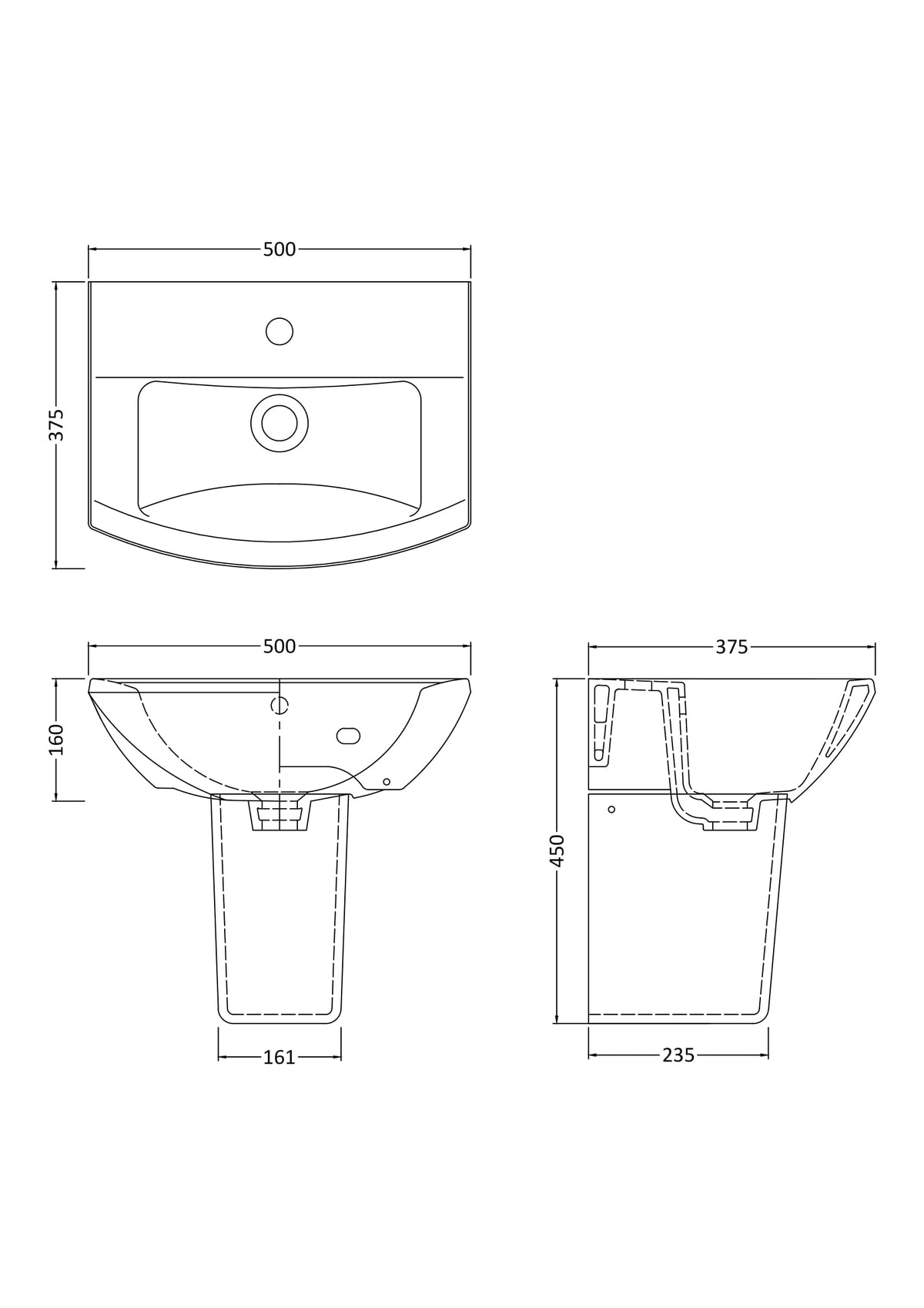Nuie Asselby 500mm 1 Tap Hole Ceramic Basin & Semi Pedestal – White, photo 3