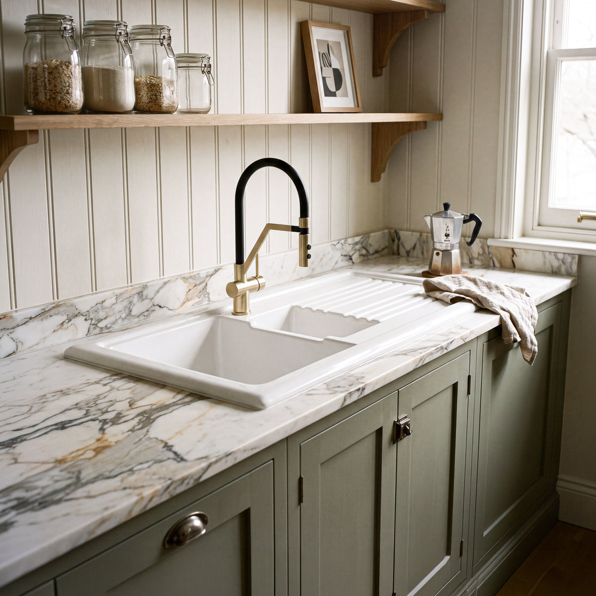 Nuie 1010 x 525mm Fireclay 1.5 Bowl Rectangular Countertop Drainer Sink – White