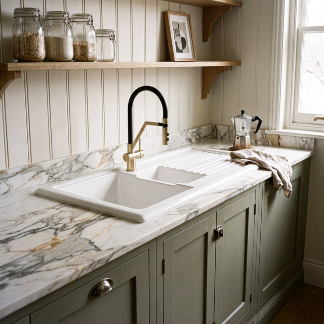 Nuie 1010 x 525mm Fireclay 1.5 Bowl Rectangular Countertop Drainer Sink – White
