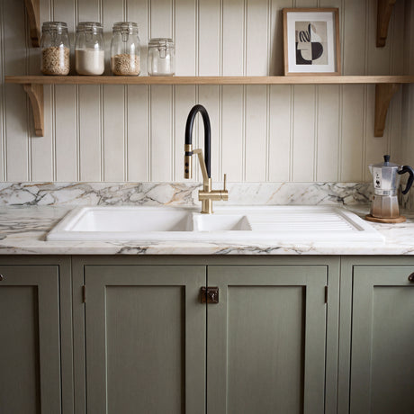 Nuie 1010 x 525mm Fireclay 1.5 Bowl Rectangular Countertop Drainer Sink – White, photo 4