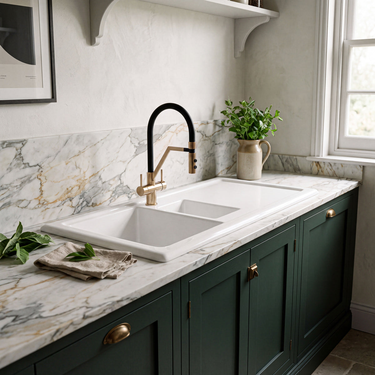Nuie 1010 x 525mm Fireclay 1.5 Bowl Rectangular Countertop Drainer Sink – White
