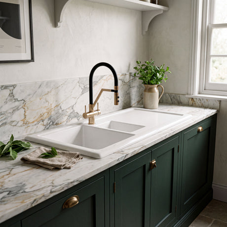 Nuie 1010 x 525mm Fireclay 1.5 Bowl Rectangular Countertop Drainer Sink – White