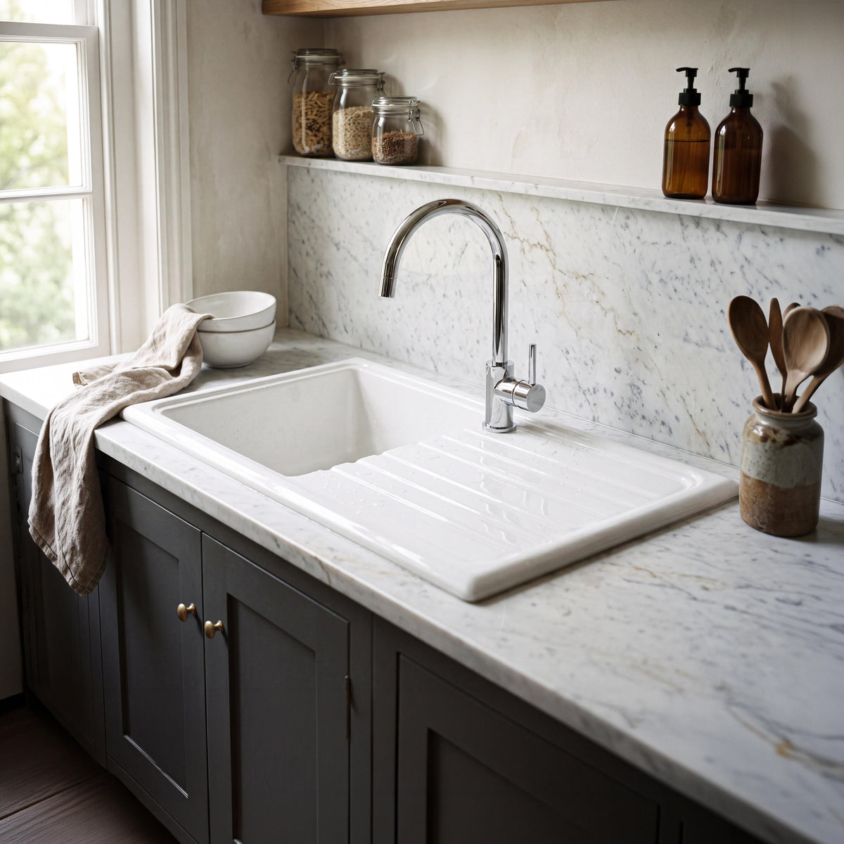 Nuie 1010 x 525mm Fireclay Single Bowl Rectangular Countertop Drainer Sink – White