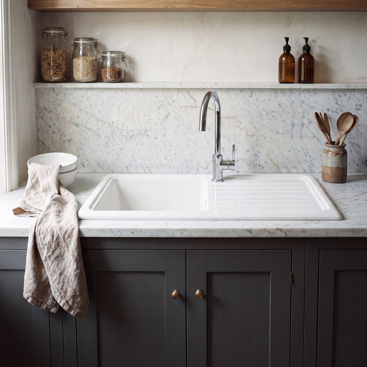 Nuie 1010 x 525mm Fireclay Single Bowl Rectangular Countertop Drainer Sink – White, photo 4